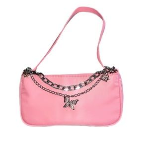 Pink shoulder bag with butterfly decals